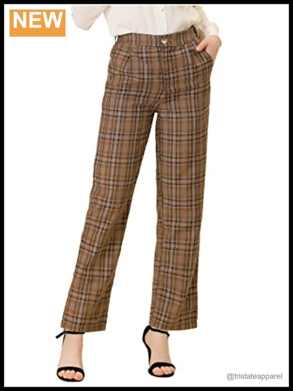 Plaid Trousers Straight Leg Elastic Waist Casual Work Pants